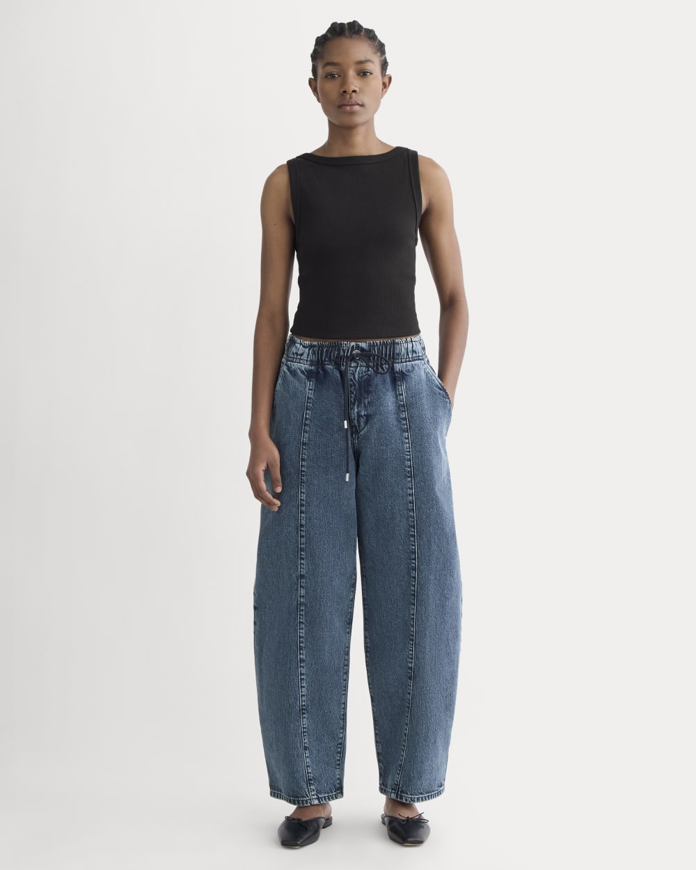The Drawstring Baggy Jean in Mid Indigo — front view