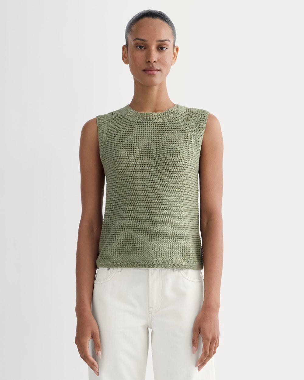 The Organic Cotton Open-Stitch Tank in Sagebrush — front view