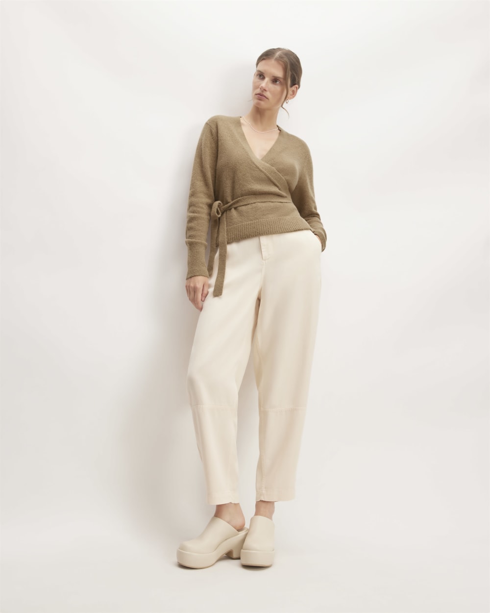 The Alpaca Wrap Sweater in Tiger's Eye — detail view