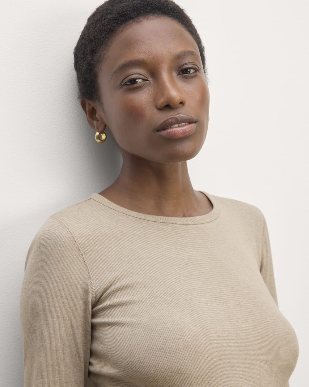 The Luxe Rib Long-Sleeve Crew in Heathered Tan — detail view