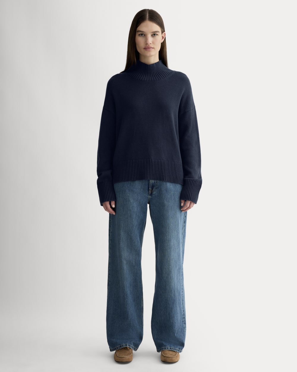 The Boxy Turtleneck in Everyday Cotton in Navy — detail view