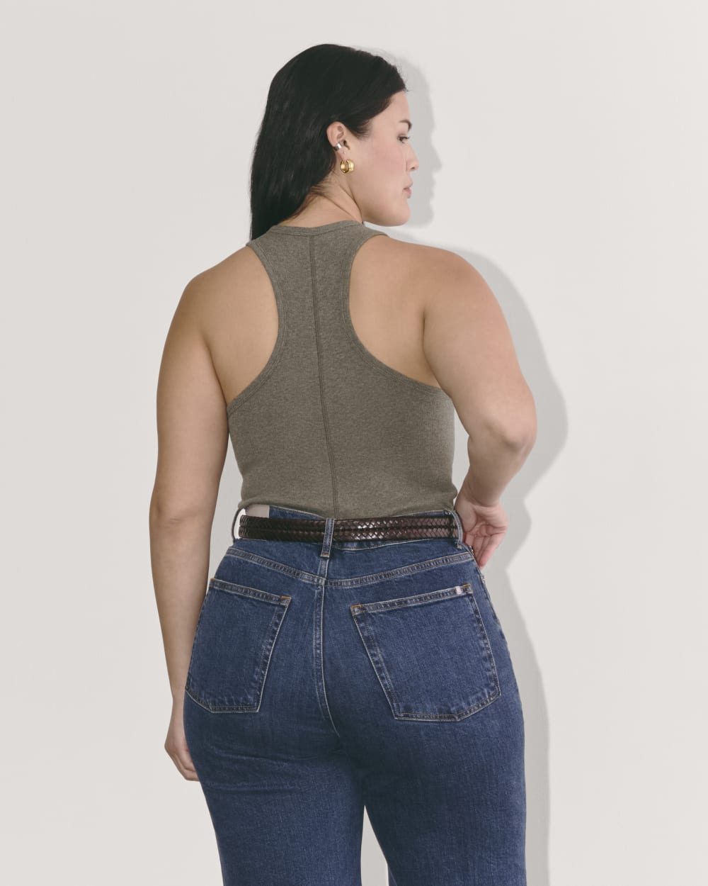 The Luxe Rib Racerback Tank in Heathered Fatigue — detail view