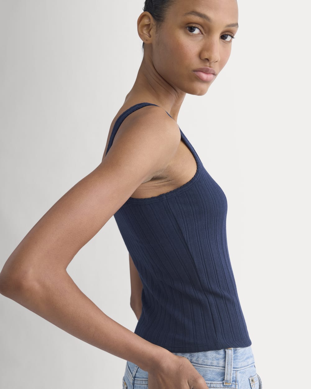 Scoop-Neck Tank in Pointelle in Deep Navy — detail view