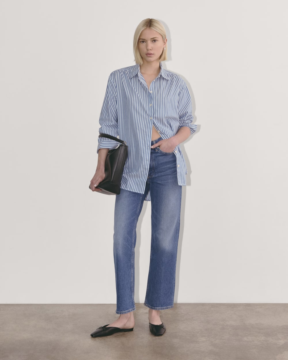 The Gathered Shirt in Silky Cotton in Bone / Mazarine Blue — detail view