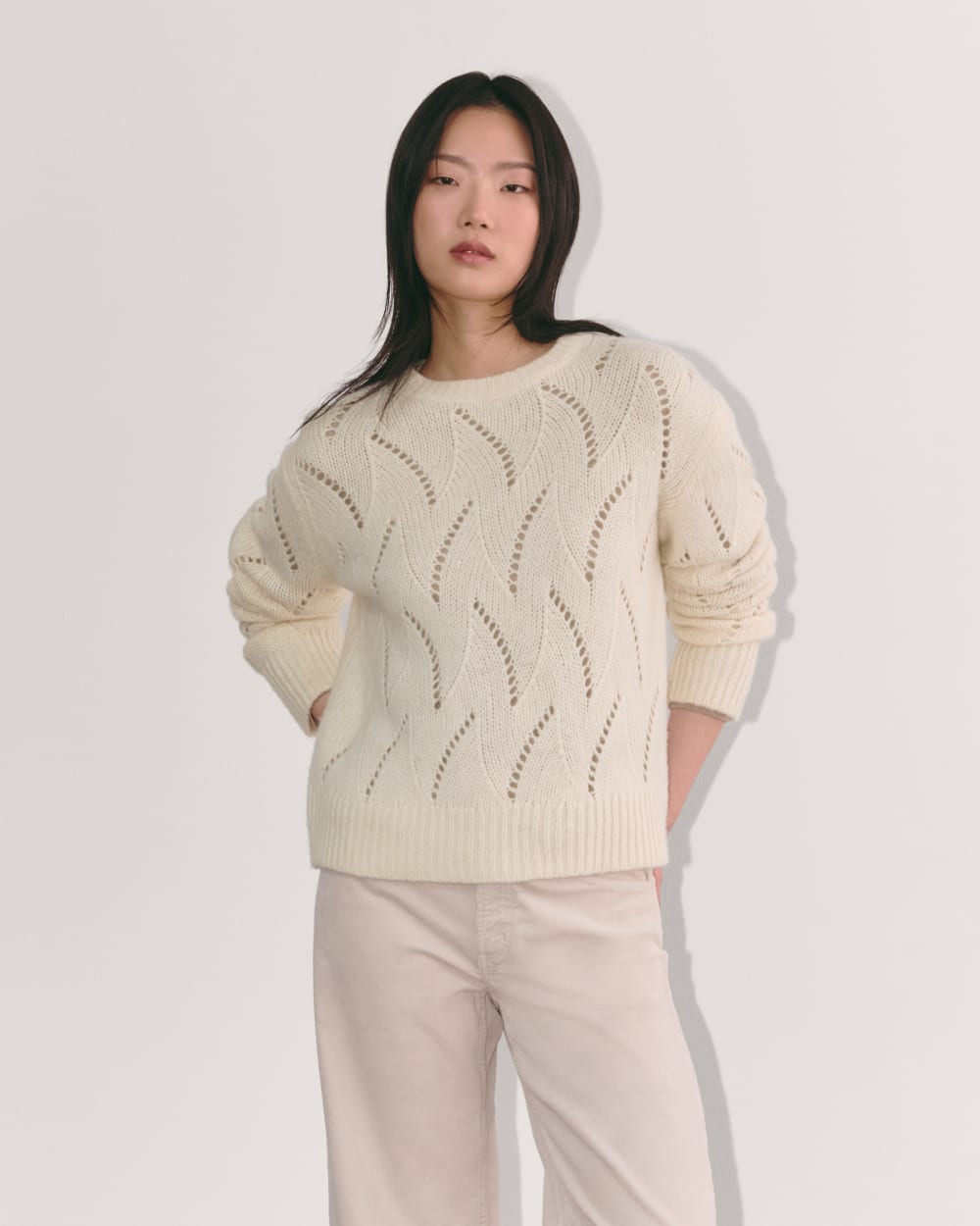 The Pointelle Sweater in Cloud in Bone — front view