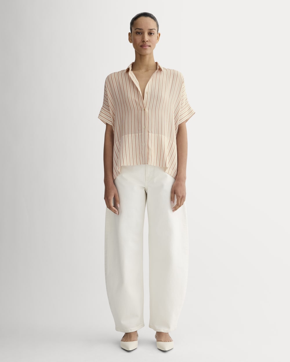 The Boxy Shirt in Washable Silk in Bone / Dusky Rose — detail view