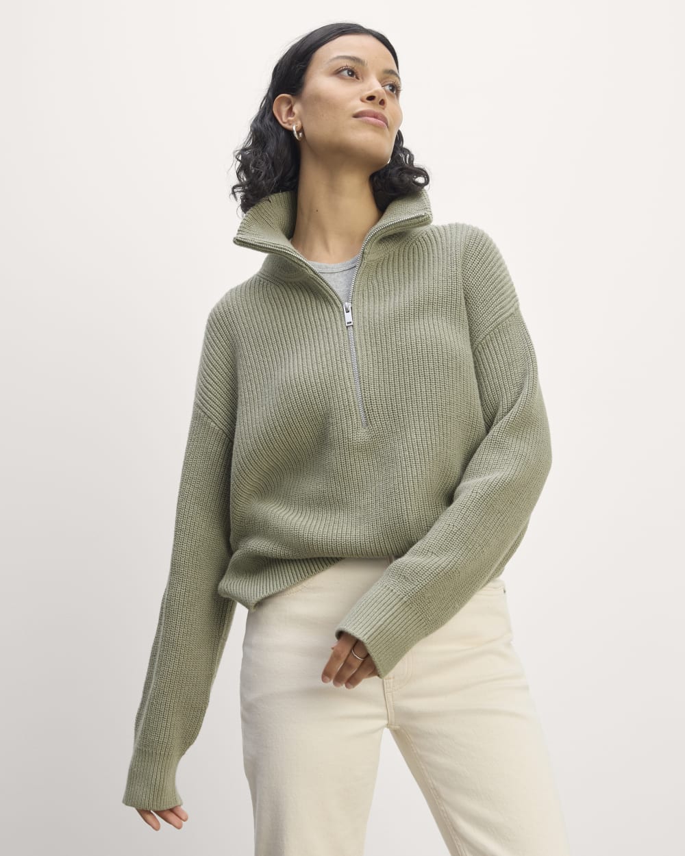 The Half-Zip in Everyday Cotton in Sage Green — front view