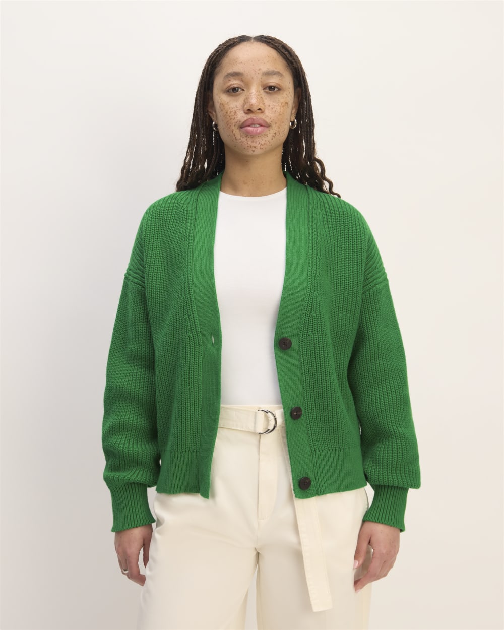 The Boxy Cardigan in Everyday Cotton in Grass Green — front view
