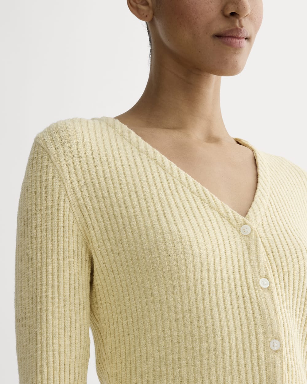 The Cozy Rib Cardigan in Banana Crepe — detail view