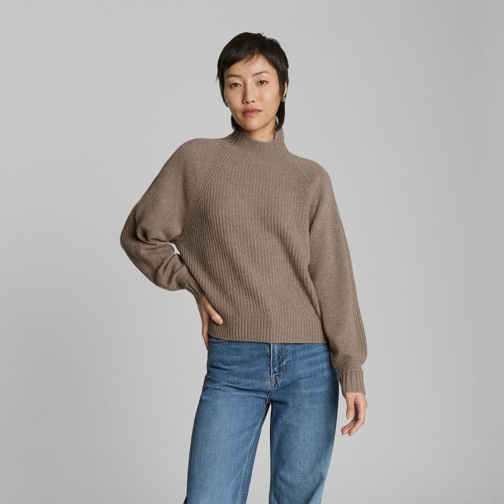 The Cashmere Ribbed Turtleneck in Heathered Taupe Grey — front view