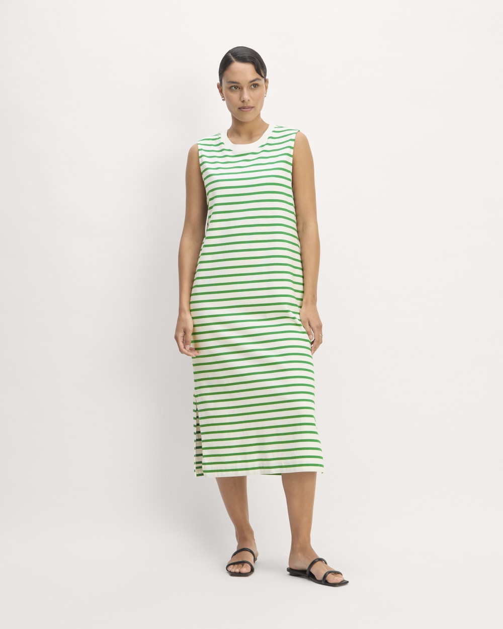The Weekend Tank Dress in Bone / Grass Green — front view