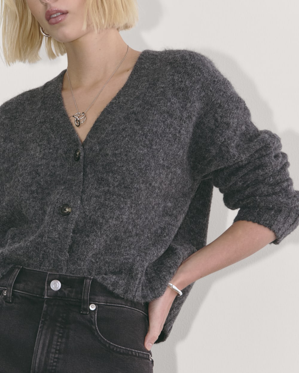 The Boxy Cardigan in Alpaca in Dark Charcoal — detail view