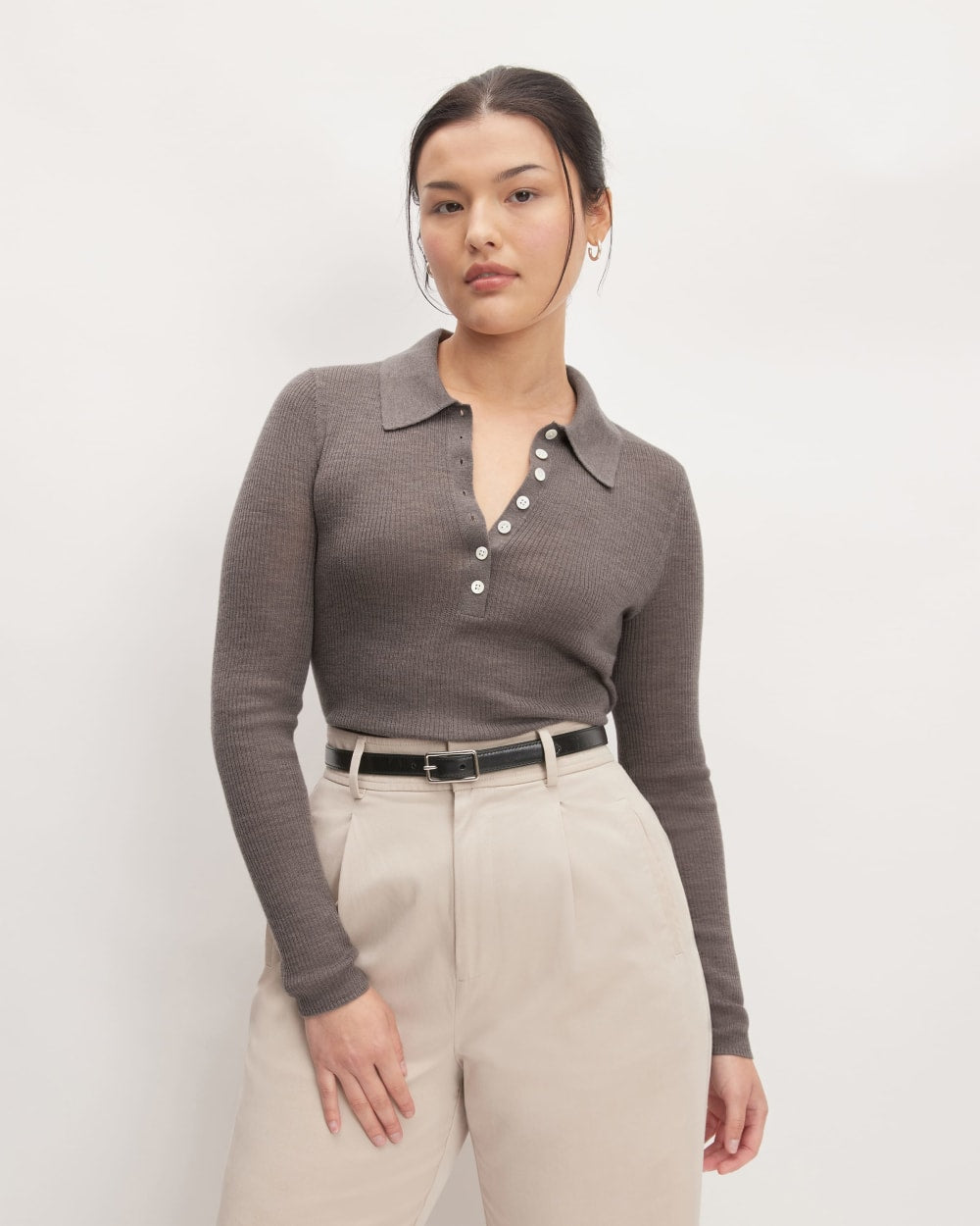 The Polo in Ultrasoft Merino in Heather Cocoa — front view