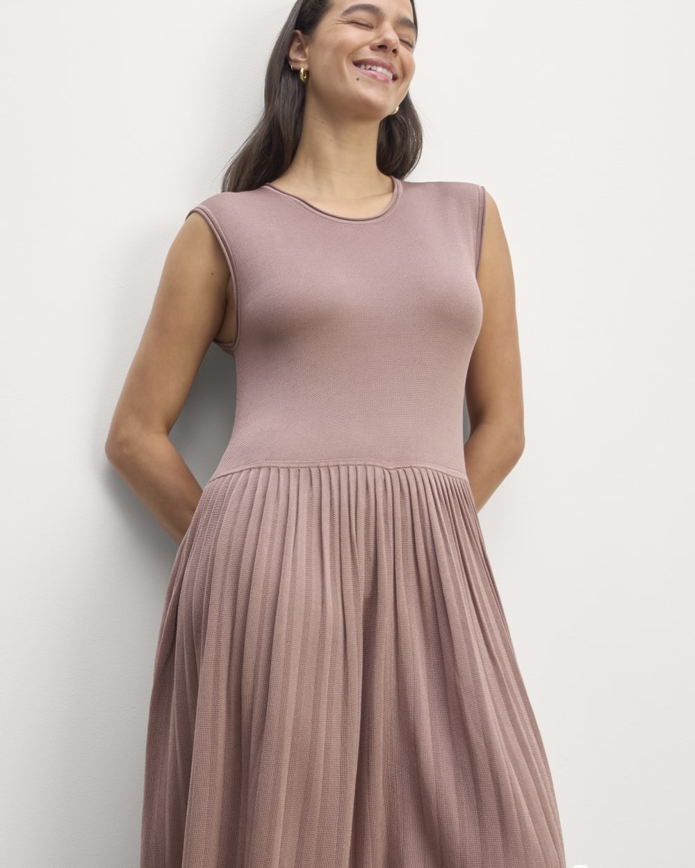 The Knit Pleated Dress in Dusty Rose — detail view