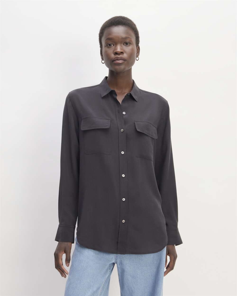 The Utility Shirt in Washable Silk in Black — front view