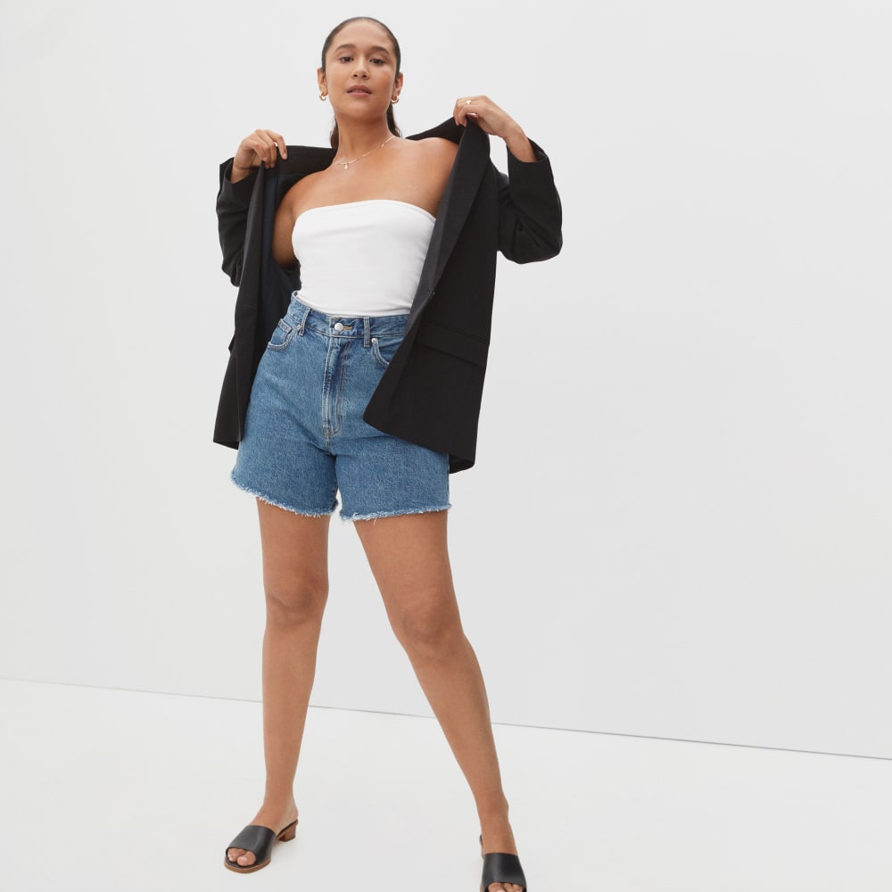 The A-Line Denim Short in Medium Indigo — detail view
