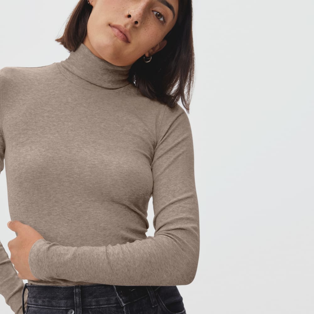 The Luxe Micro-Rib Turtleneck in Heathered Burnt Sugar — detail view