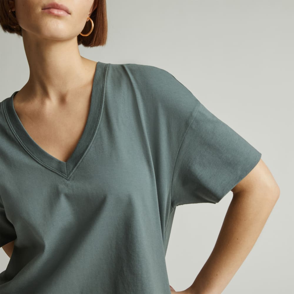The Organic Cotton Slouchy V-Neck in Green Balsam — detail view
