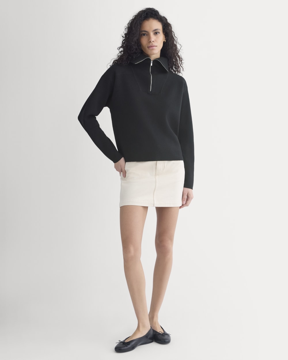 Double Knit Half-Zip in Cotton Merino in Black — detail view