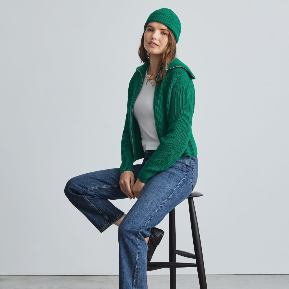 The Chunky Cardigan in Ultramarine Green — detail view