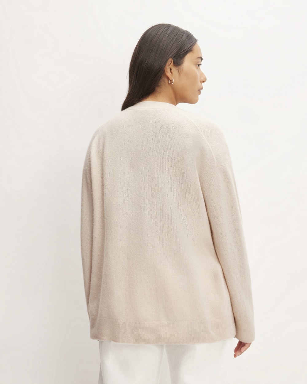 The Cozy-Stretch Relaxed Cardigan in Whisper Pink — detail view