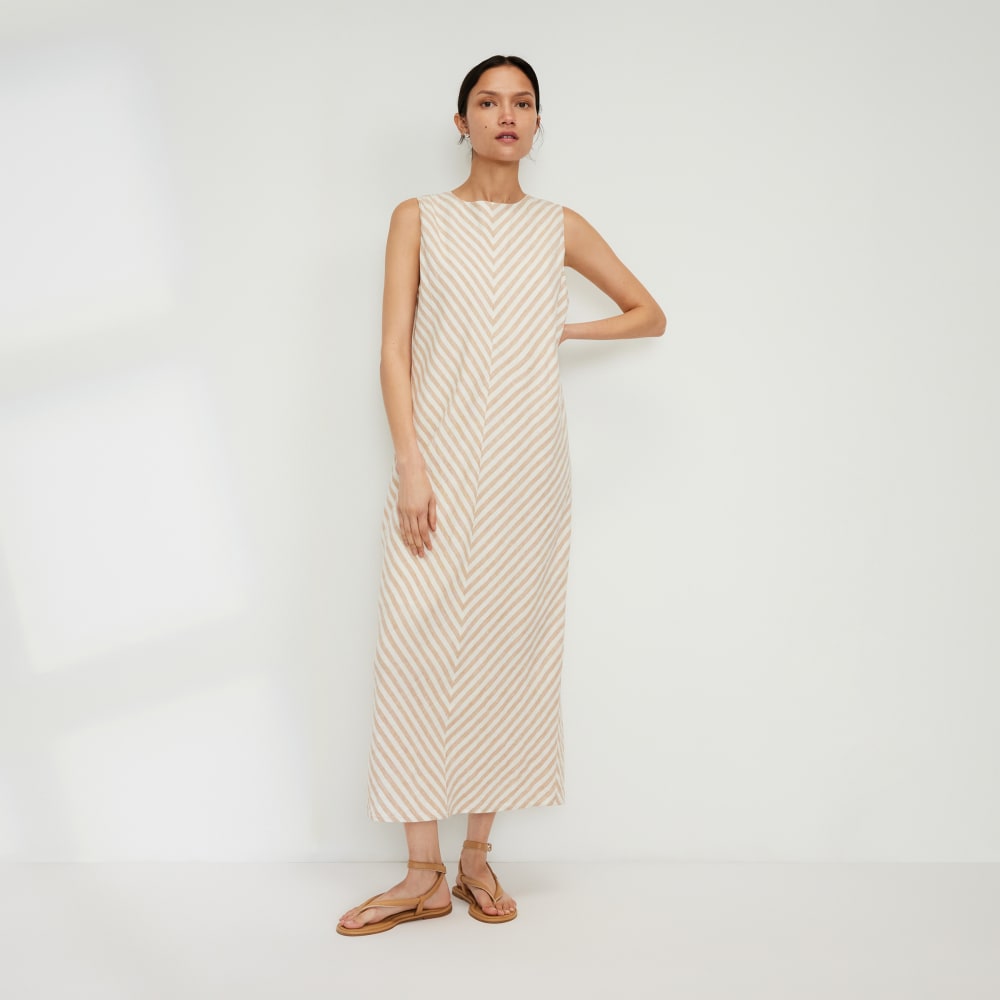 The Linen Bias Cut Dress in Bone / Caramel — front view