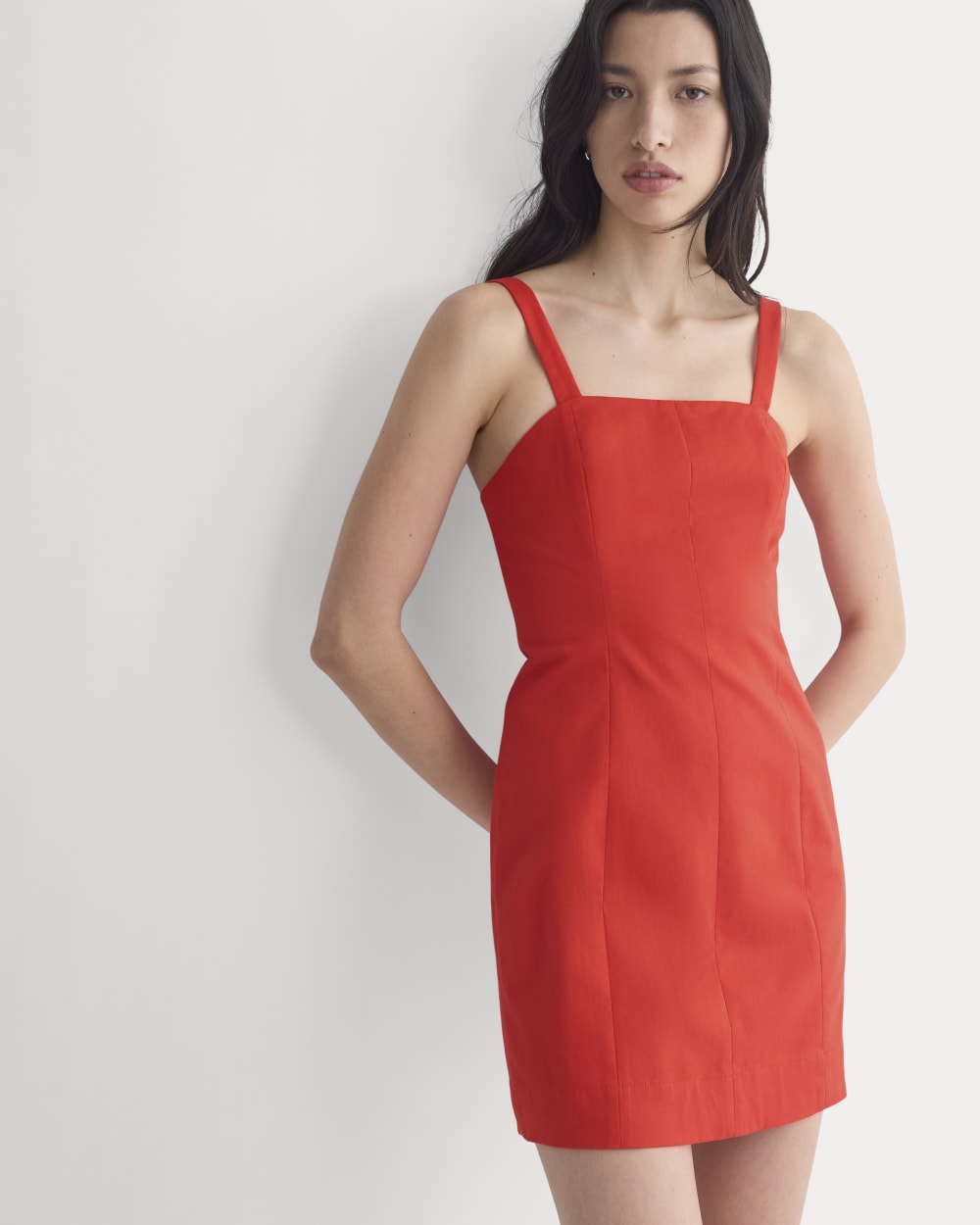 Seamed Mini Dress in Fiery Red — detail view