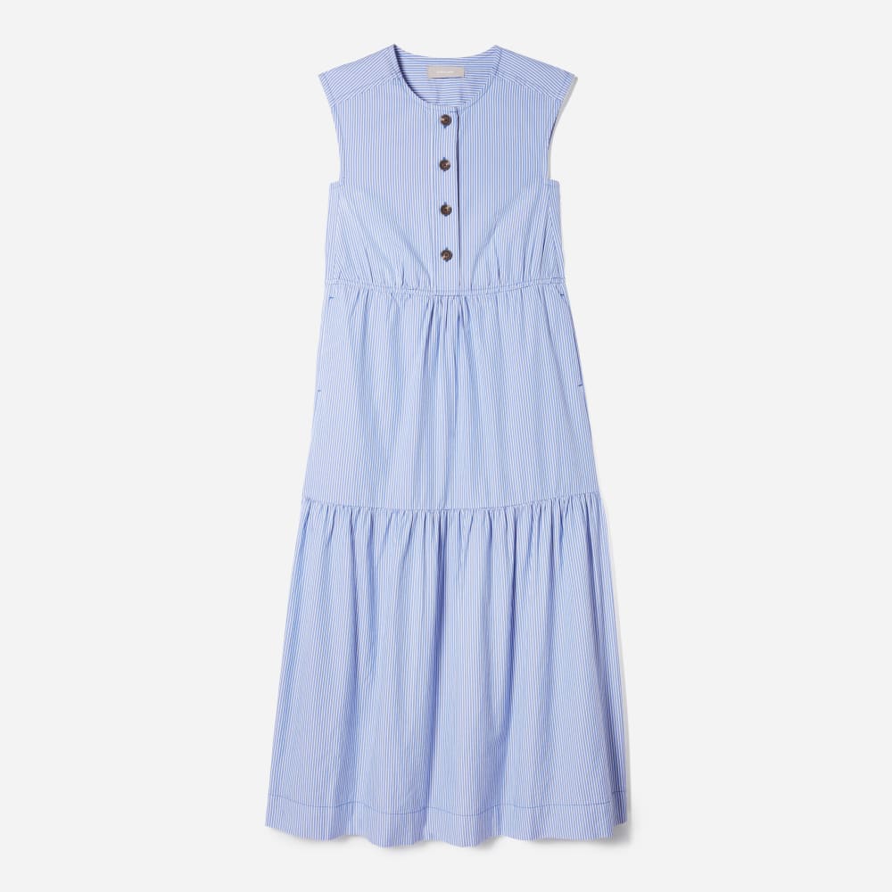 The Tiered Midi Dress in White / Blue Mini Stripe — front view