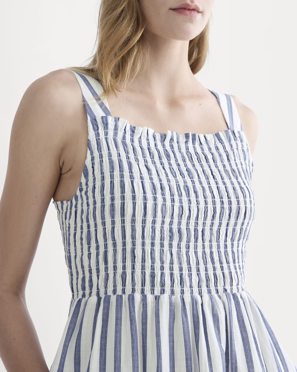 The Gauze Smock Dress in White / Mazarine Blue — detail view