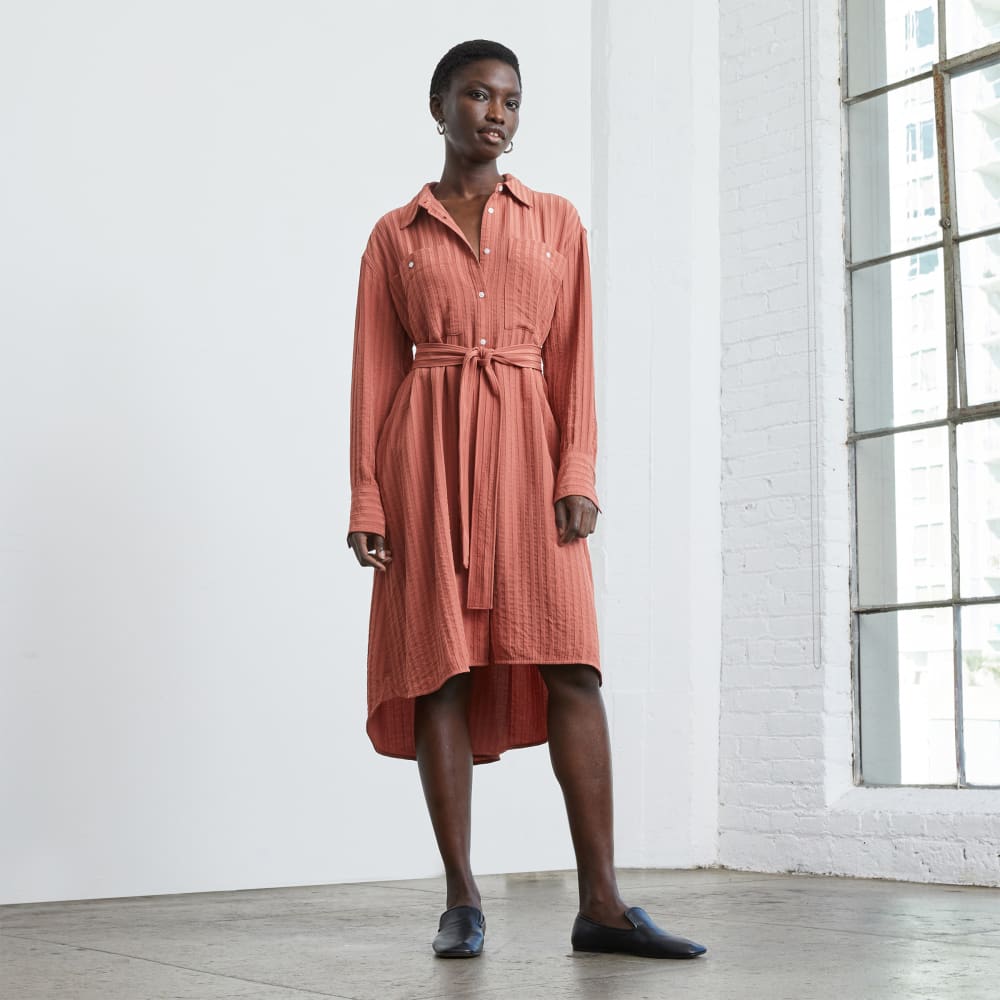 The City Stripe Draped Shirt Dress in Redwood — front view