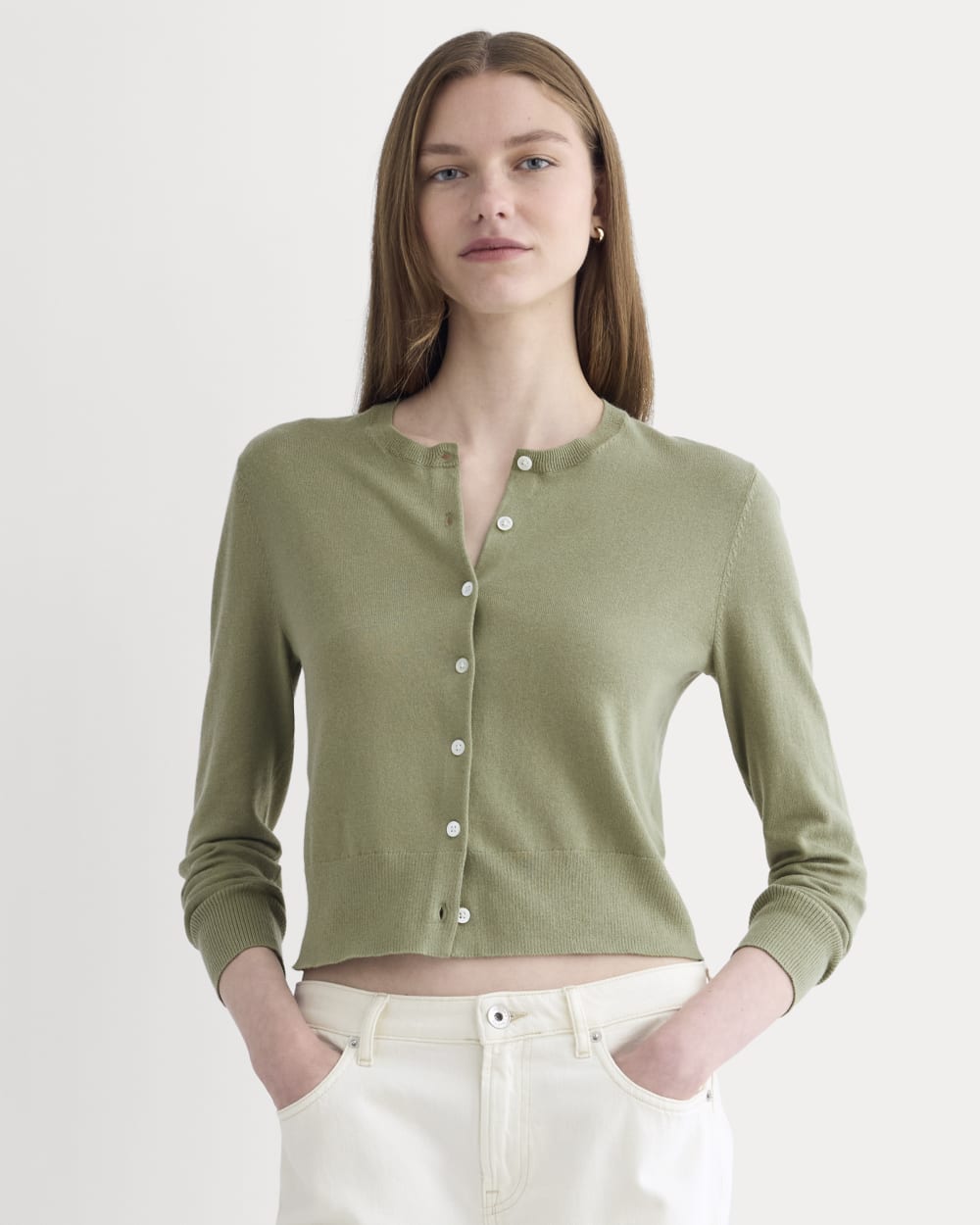 The Cropped Cardigan in Cotton Cashmere in Sagebrush — front view