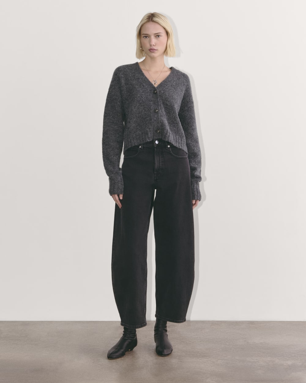The Boxy Cardigan in Alpaca in Dark Charcoal — detail view