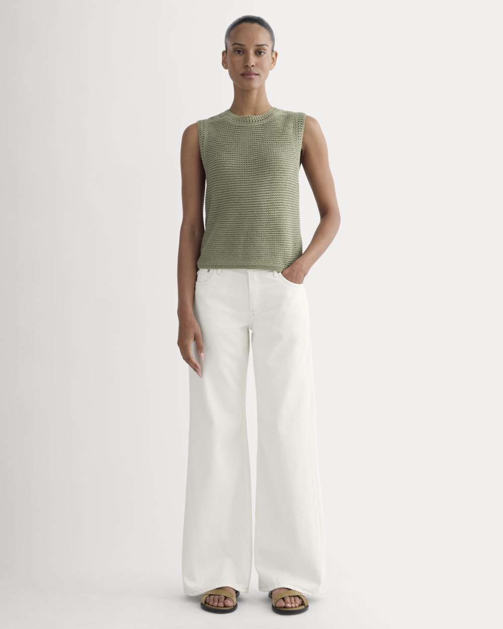 The Organic Cotton Open-Stitch Tank in Sagebrush — detail view