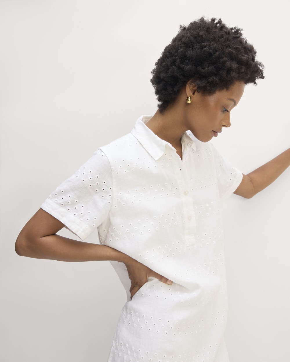 The Linen Eyelet Shirtdress in White Eyelet — detail view