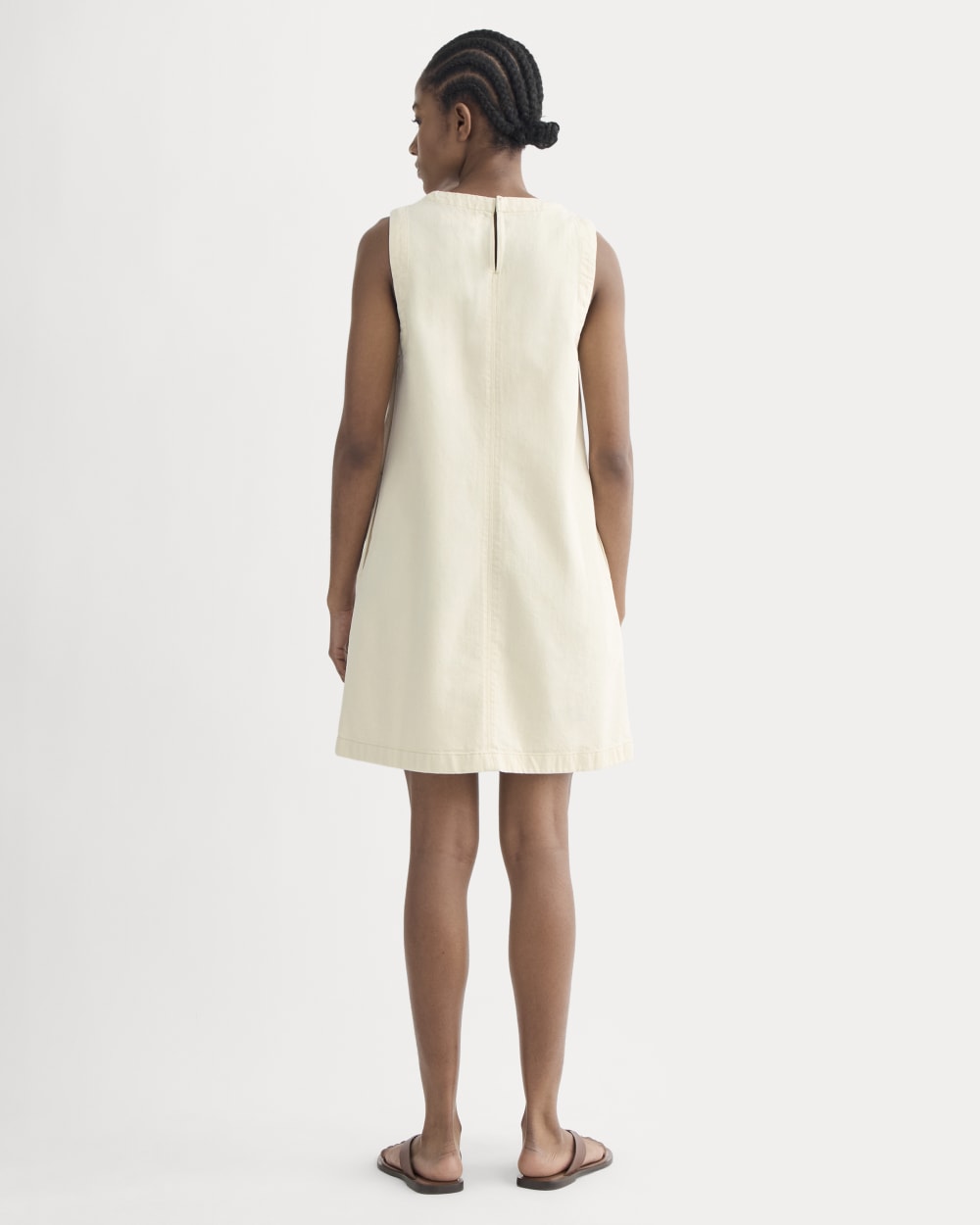The Denim Shift Dress in Ecru — detail view