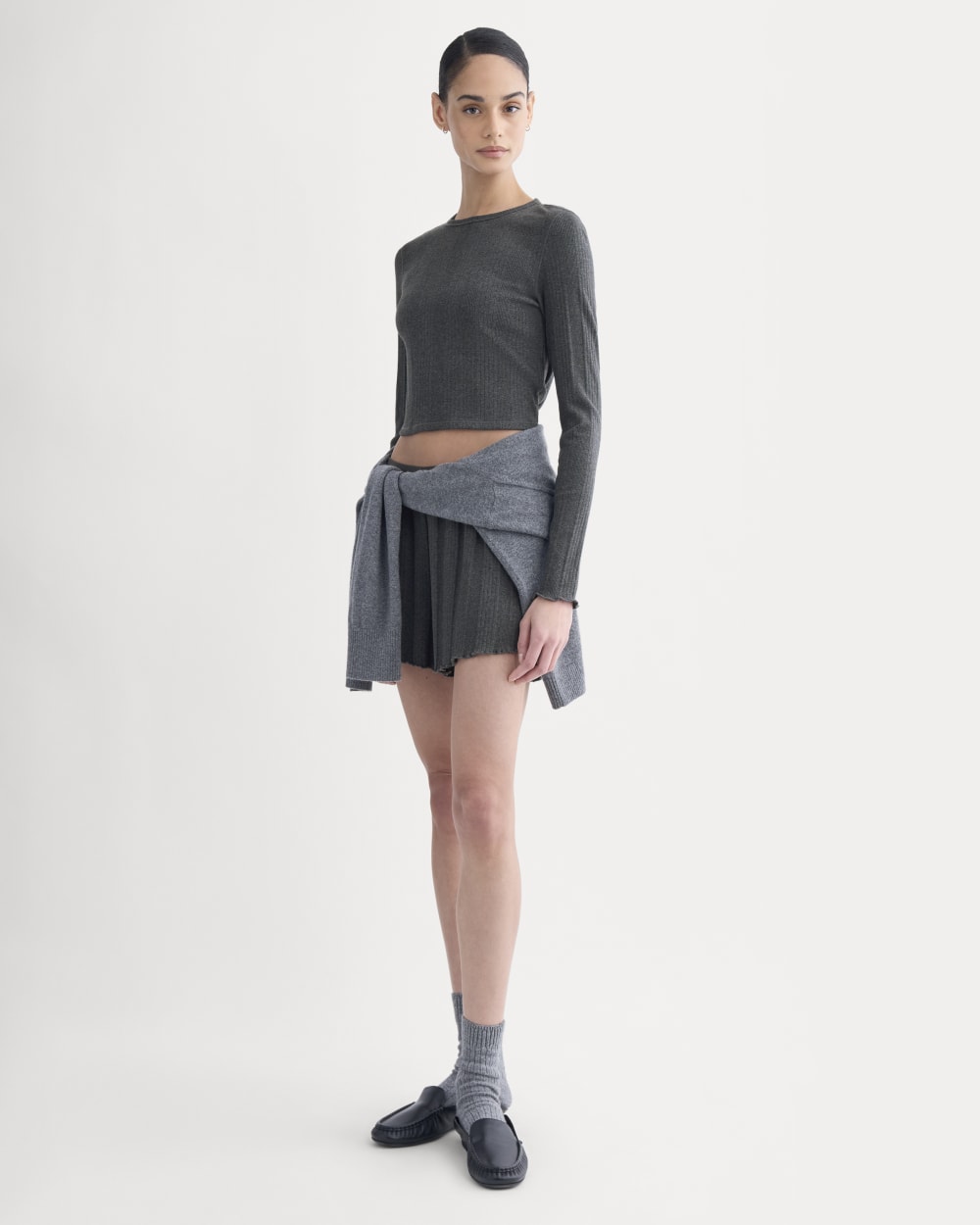 Lounge Rib Cropped Shirt in Heathered Soot — detail view