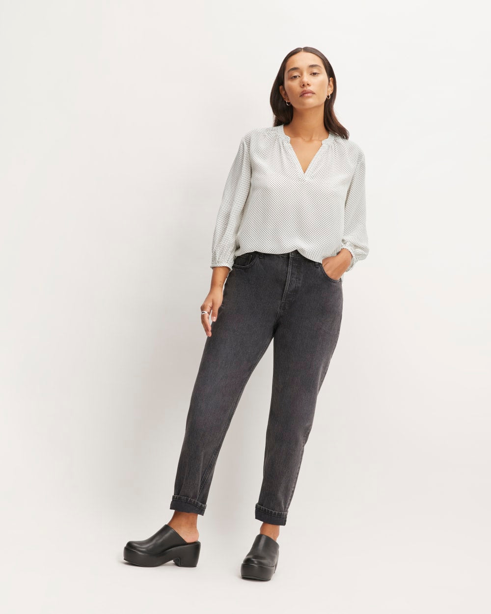 The Washable Clean Silk V-Neck Top in Bone / Black Polka Dot — detail view