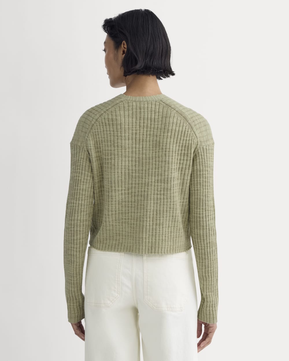The Ribbed Cardigan in Cotton Linen in Eucalyptus — detail view