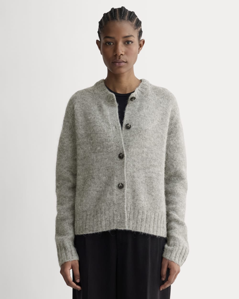 The Crew Cardigan in Alpaca in Heather Stone Grey — front view