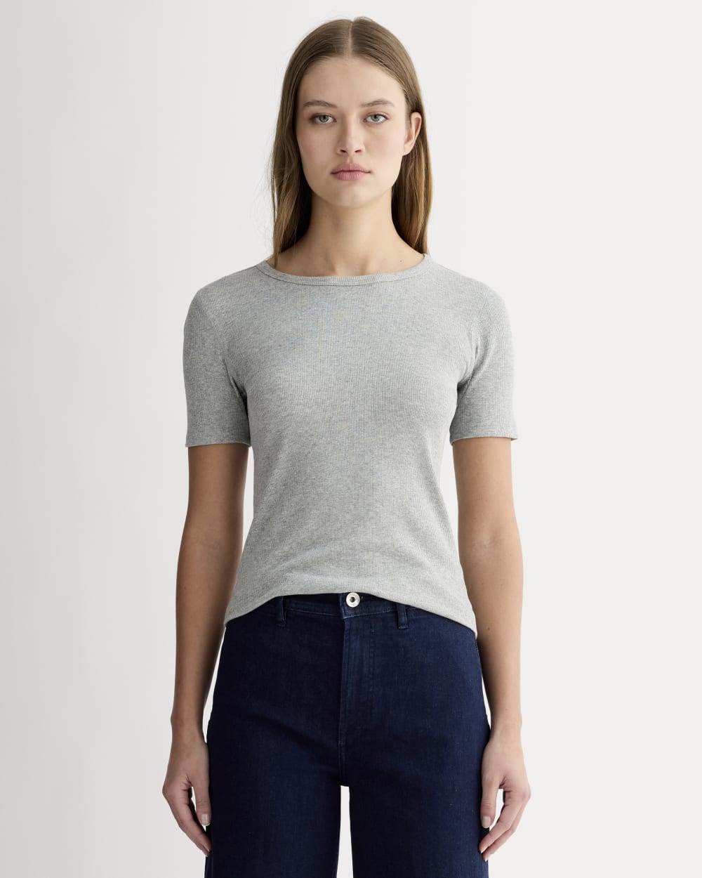 The Luxe Rib Crew in Heathered Grey — front view