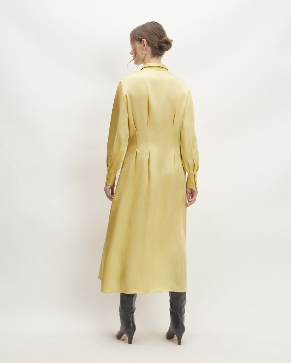 The Hammered Satin Shirt Dress in Raffia — detail view