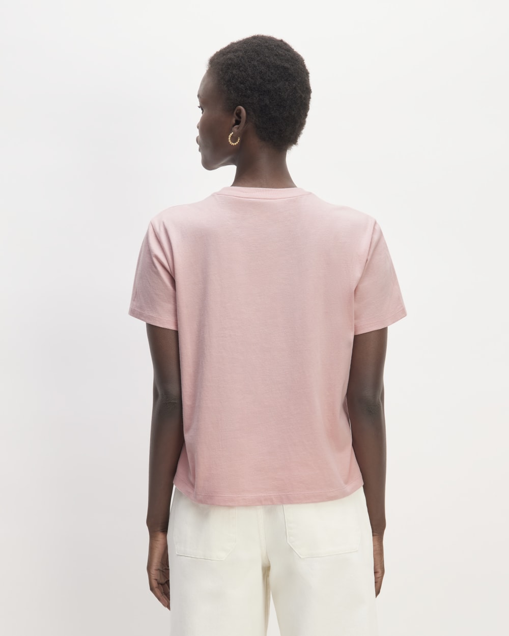 The Box-Cut Tee in Essential Cotton in Rose Pink — detail view
