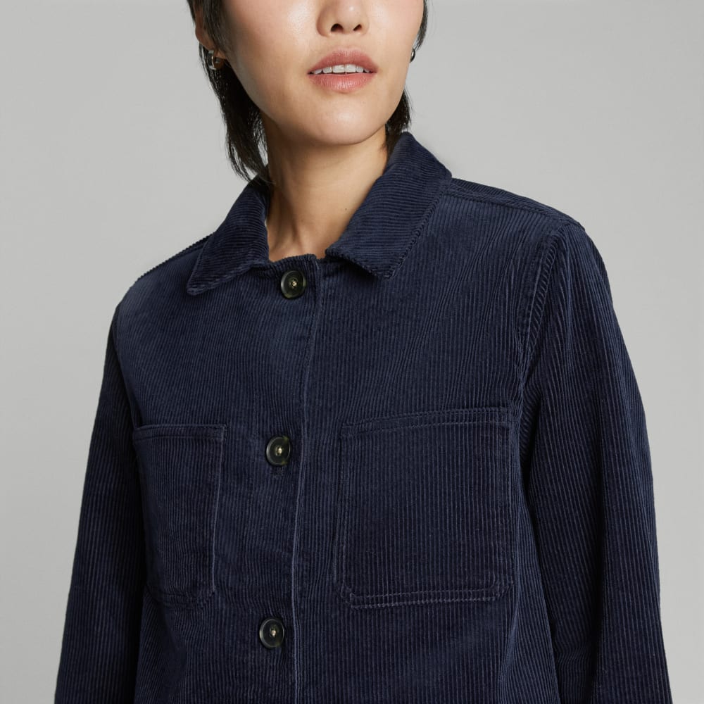 The Corduroy Long Shirt Jacket in Deep Navy — detail view