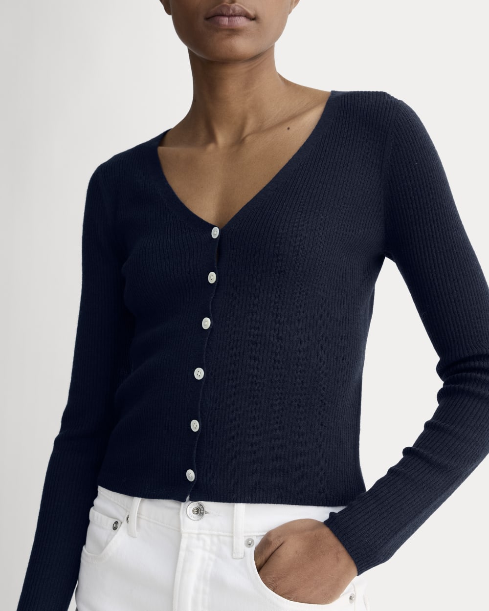 The Cardigan in Ultrasoft Merino in Navy — detail view