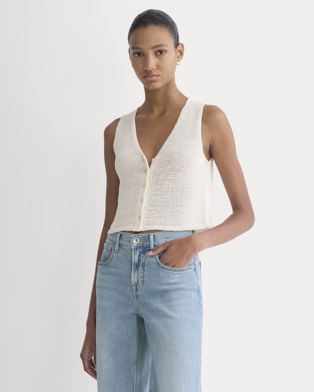 Button-Front Tank in Tape Yarn in Bone — front view