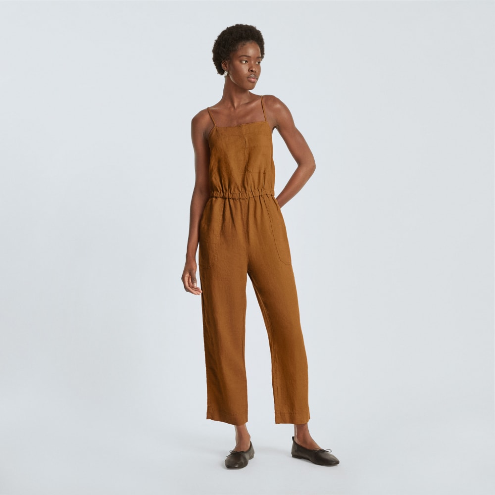 The Linen Shoestring Jumpsuit in Tawny Brown — alternate view