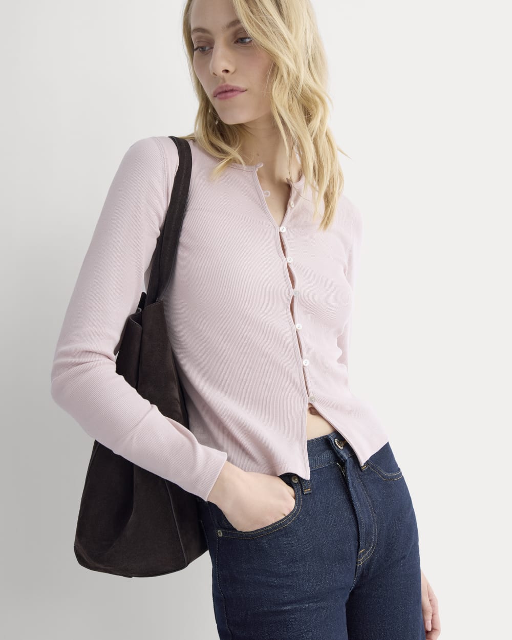 Luxe Rib Button-Up Top in Burnished Lilac — detail view