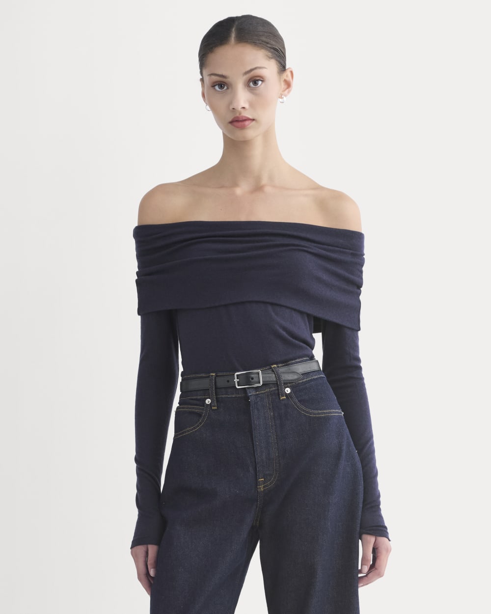 The Off-the-Shoulder Top in Butterluxe in Deep Navy — front view