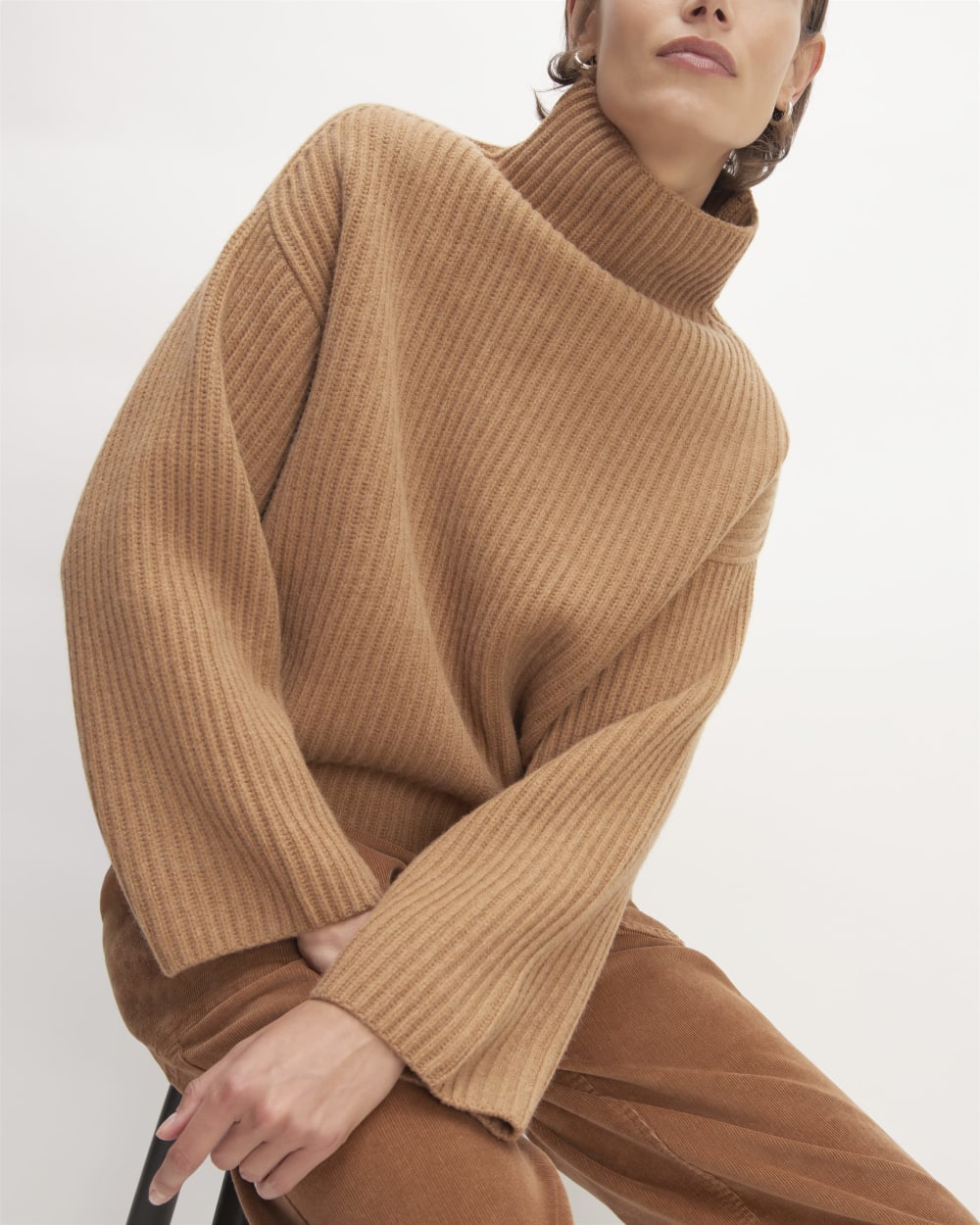 The Felted Merino Funnel-Neck Pullover in Deep Camel — detail view
