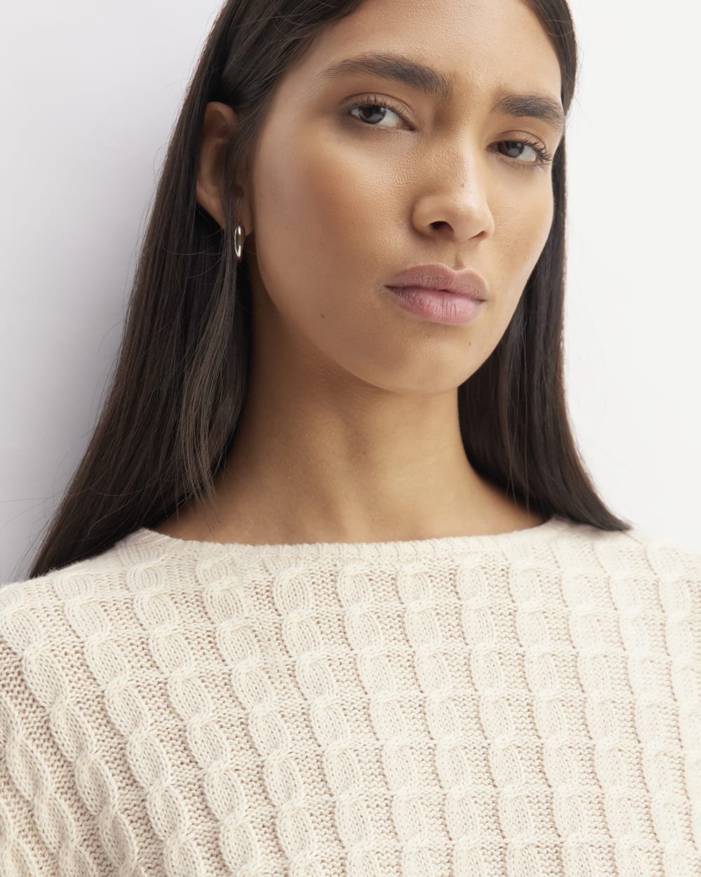 The Cotton Merino Cable Crew in Canvas — detail view